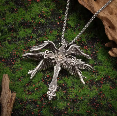 Gothic Winged Cross Necklace - Large Vintage Pendant