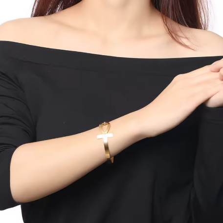 Ankh Bangle Bracelet - Gold Stainless Steel, Hypoallergenic
