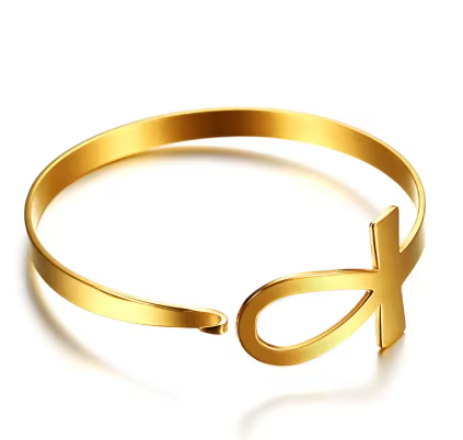 Ankh Bangle Bracelet - Gold Stainless Steel, Hypoallergenic