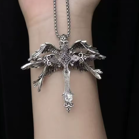Gothic Winged Cross Necklace - Large Vintage Pendant
