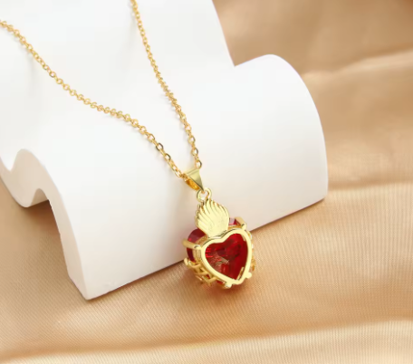 Sacred Heart of Jesus Necklace - Gold Plated with Red Zircon