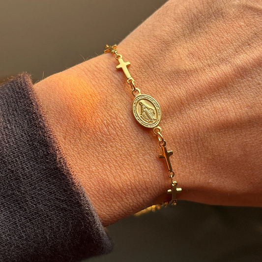 Gold Virgin Mary Cross Bracelet - Stainless Steel