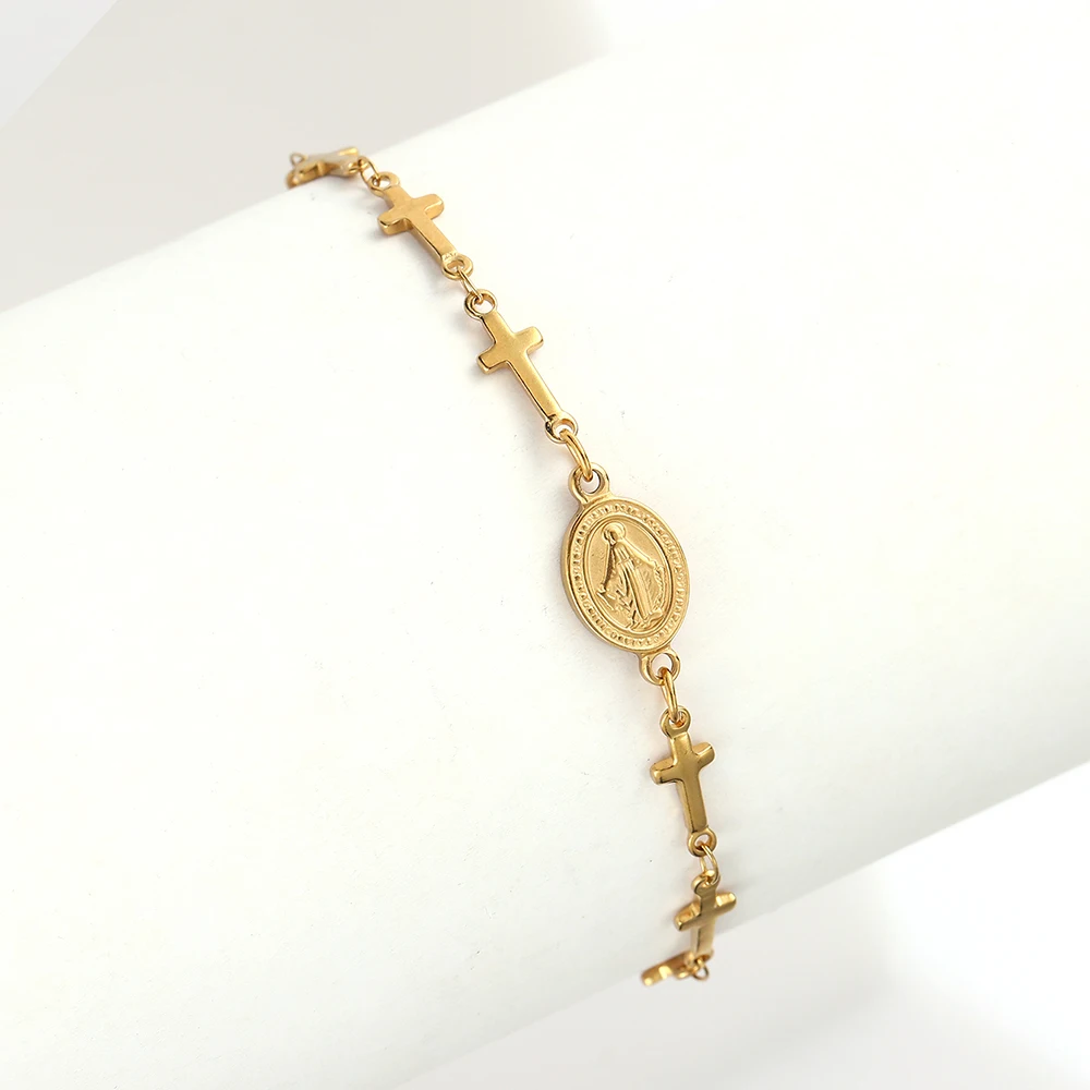 Gold Virgin Mary Cross Bracelet - Stainless Steel