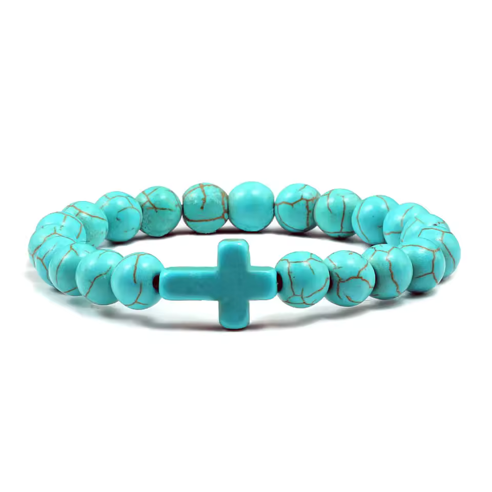 Turquoise Cross Bead Bracelet - Natural Stone Prayer Bracelet